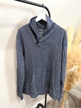 Express Shawl Collar Pullover Sweater | Blue Heather Cotton Blend
